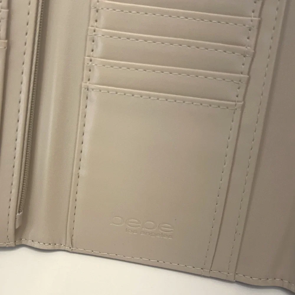 BEBE Louisa Trifold Wallet Multi Slots Embossed Logo Wristlet Clutch Purple NEW
